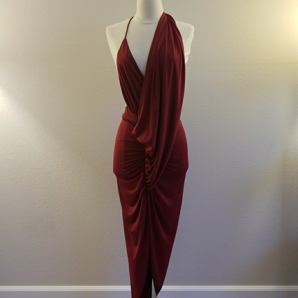 Red Wine Asymmetrical Halter Dress